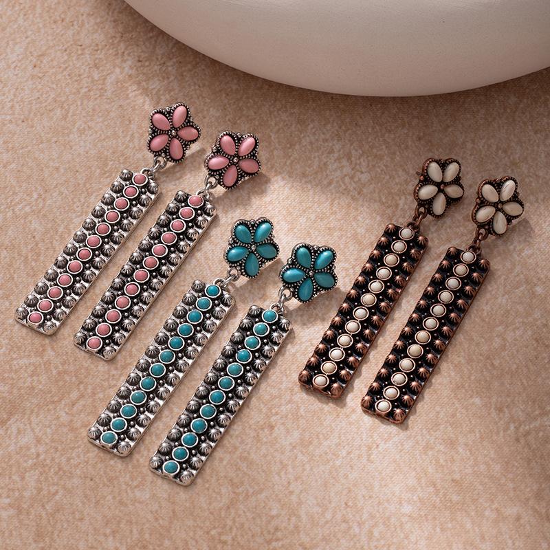 Niche Premium Sense Vintage Flower Geometric Rectangle Turquoise Earrings Heavy Industry Bohemian Ladies Earrings