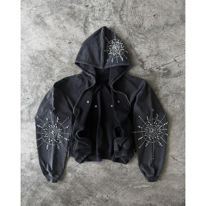 Unisex Retro Hooded Zip-Up Sweatshirt With 3D Embellished Rhinestone Design Streetwear Batwing Sleeve