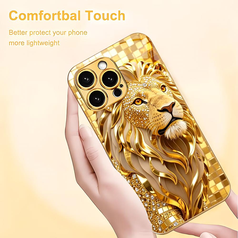 Majestic Golden Lion Metallic Glass Phone Case Suitable for iPhone 17 16 15 14 13 12 11 Pro Max Plus Anti Shock Back Cover
