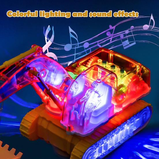 Clear Mechanical Gear Excavator Toy with Colorful LED Lights Music Movable Digging