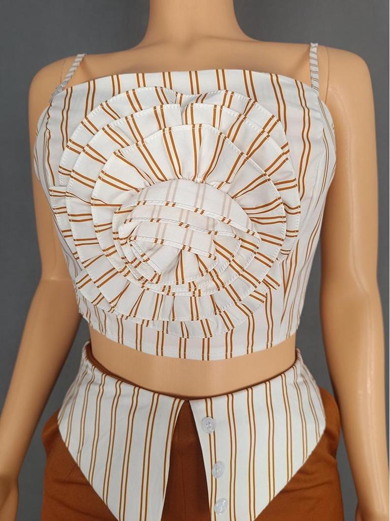 European-American Design Women's Striped Floral Tube Top & Straight-Leg Pants Set