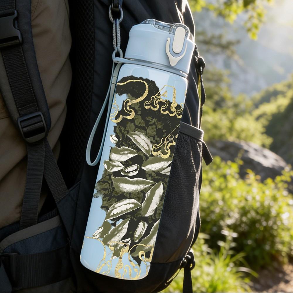 1PC Black Complex Pattern 750ml Sports Water Bottle Leakproof Straw Lid Outdoor Office Home