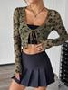 Women V-Neck Sheer Mesh Flocked Front Tie-Up Long Sleeve Cropped Cardigan Elegant See-Through Top