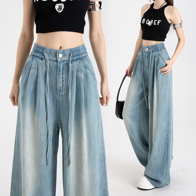 Summer Soft Cozy Woman Jeans Loose Wide Leg Elastic Waist Pants Fashion Casual Trousers