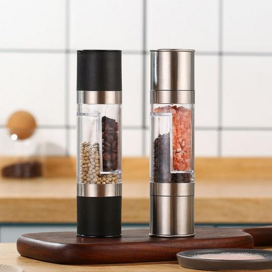 Salt And Pepper Grinder Double-Sided Spice Grinder 2 Compartments Adjustable Coarseness Transparent Spice Mill Easy Refill Spice Bottle for Kitchen