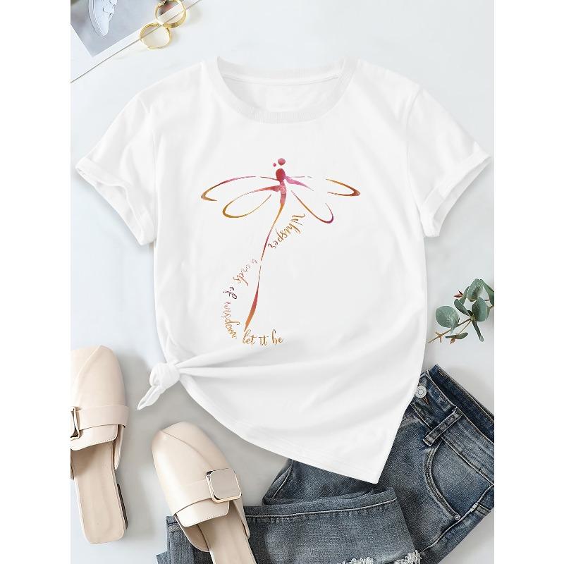 Europäische Größe Damen&Apos;S Libellen-Print T-Shirt, Lässiges Rundhals-Kurzarm-T-Shirt, Frühling/Sommer Basic Alltagsbekleidung, Maschinenwaschbar, Grafik-T