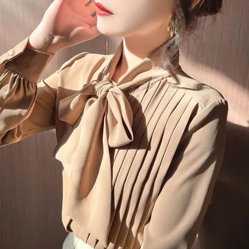 Spring New White Shirt Loose Design Top French Bow Women's Long-sleeved