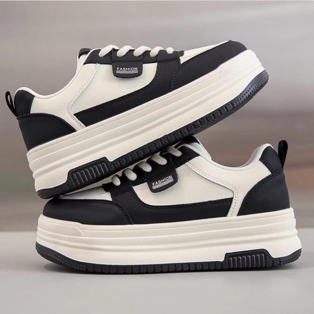 Thick Bottom Heightening Women's Spring Summer Soft Leather High Top Sneakers Black White Versatile Adult Casual Shoes