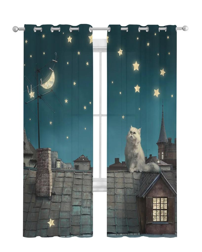 Cat Roof Kitten Night Moon Stars Tulle Sheer Curtains for Living Room Decoration Window Curtain for Bedroom Voile Organza Drapes