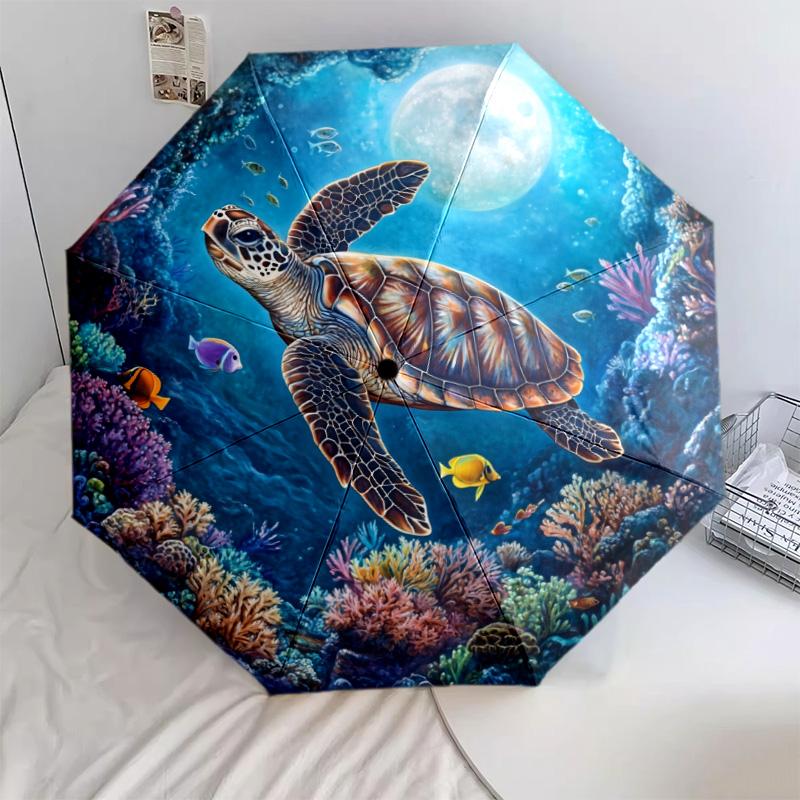 Sea Turtle Pattern, Automatic Folding Umbrella, Portable and Foldable Design, 8 Ribs, a Christmas or Birthday Gift.