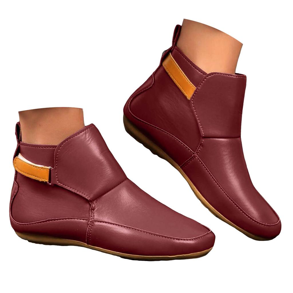 Women's Short Shoes Fashion Casual Flat Solid Color Leather Outerwear Ankle Boots Flat Boots for Women Toe