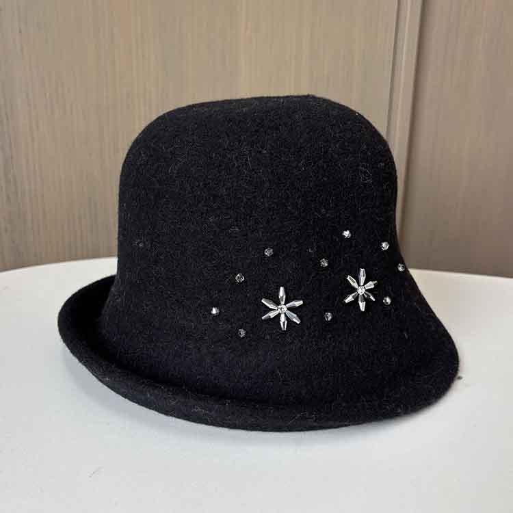 Retro Small Fragrant Style Fashion Wool Bucket Hat Women Autumn And Winter Warm Foldable Basin Hat Rhinestone Elegant Top Hat