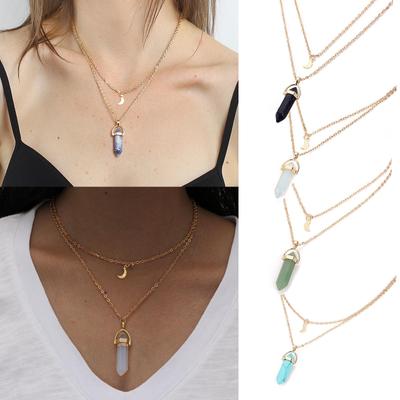 Moda Doğal Taş Ay Gerdanlık Altın Renk Kristal Kolye Kolye Doğal Taş Kolye Cam Altıgen Boyun