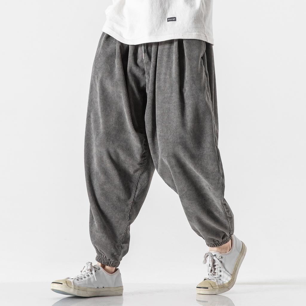 For Autumn and Winter, Chinese-style Plus-size Japanese Drawstring Casual Wear, Helen Corduroy Nine-inch Hong Kong-style Neutral Baggy Pants for Men