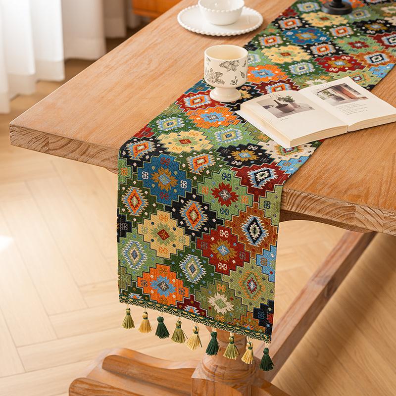 Bohemian Table Runner American Retro Polycotton Jacquard Tablecloth, Long Rectangular Farmhouse Dining Table Decor Bohemian Coffee Table Cover