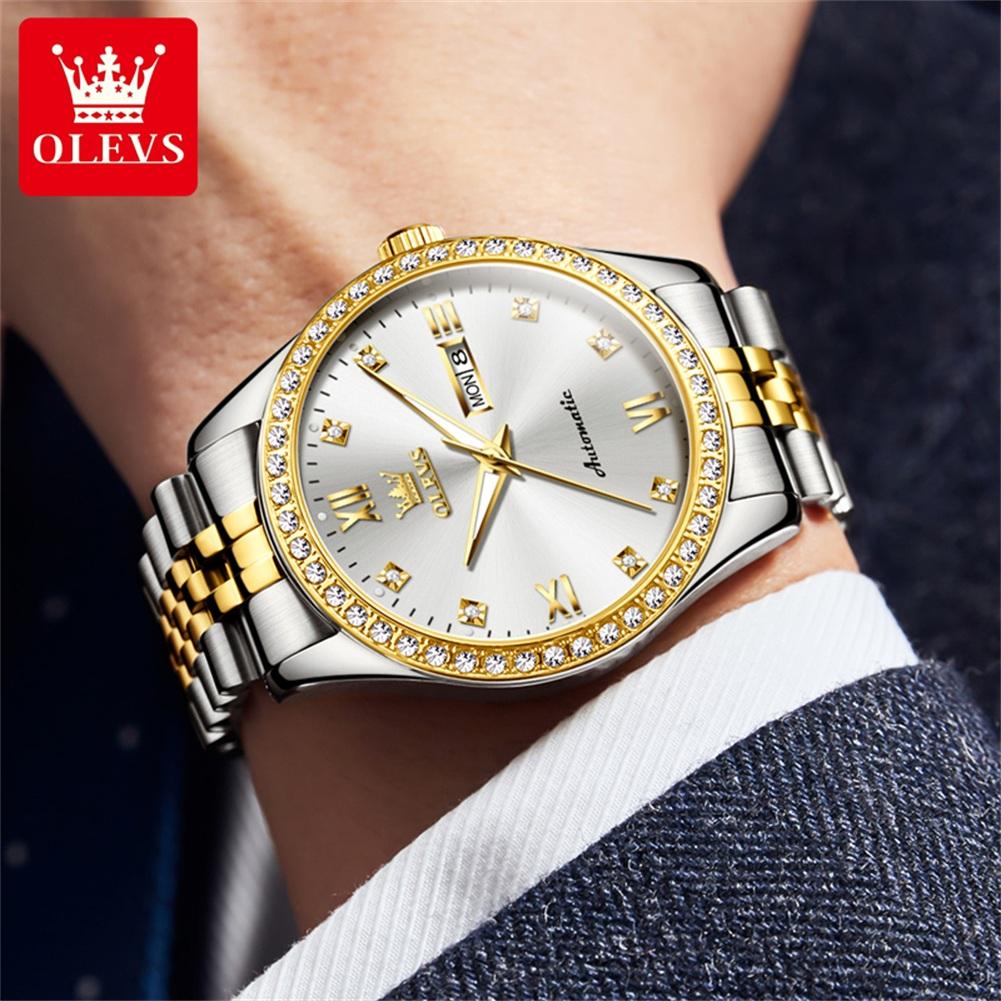 OLEVS7012 Diamond Automatic Watch Men Luxury Brand Original Mechanical Wristwatch Stainless Steel Waterproof Calendar Hand Clock