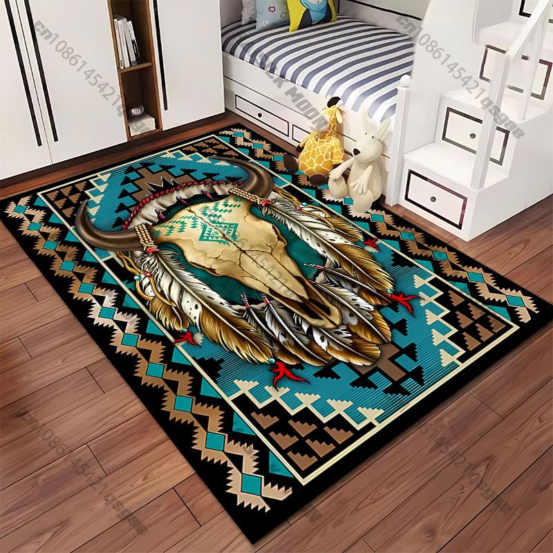 Cultural Symbolism Feathers Skull Carpet Yoga Living Room Room Decor Children's Crawling Mat Doormat Area Rug Games Mat