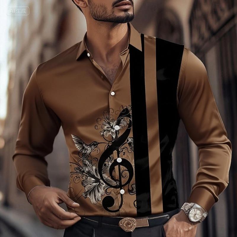 2025 Men's Striped Musical Note Dress Shirt Button Long Sleeve Fashion Casual Autumn Lapel Shirt 3D Printing Men Clothing
