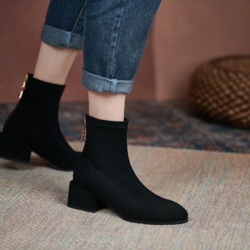 Autumn and winter suede fashion boots women's medium heel rear zipper large size women's boots round head square heel new rubber sole low boots