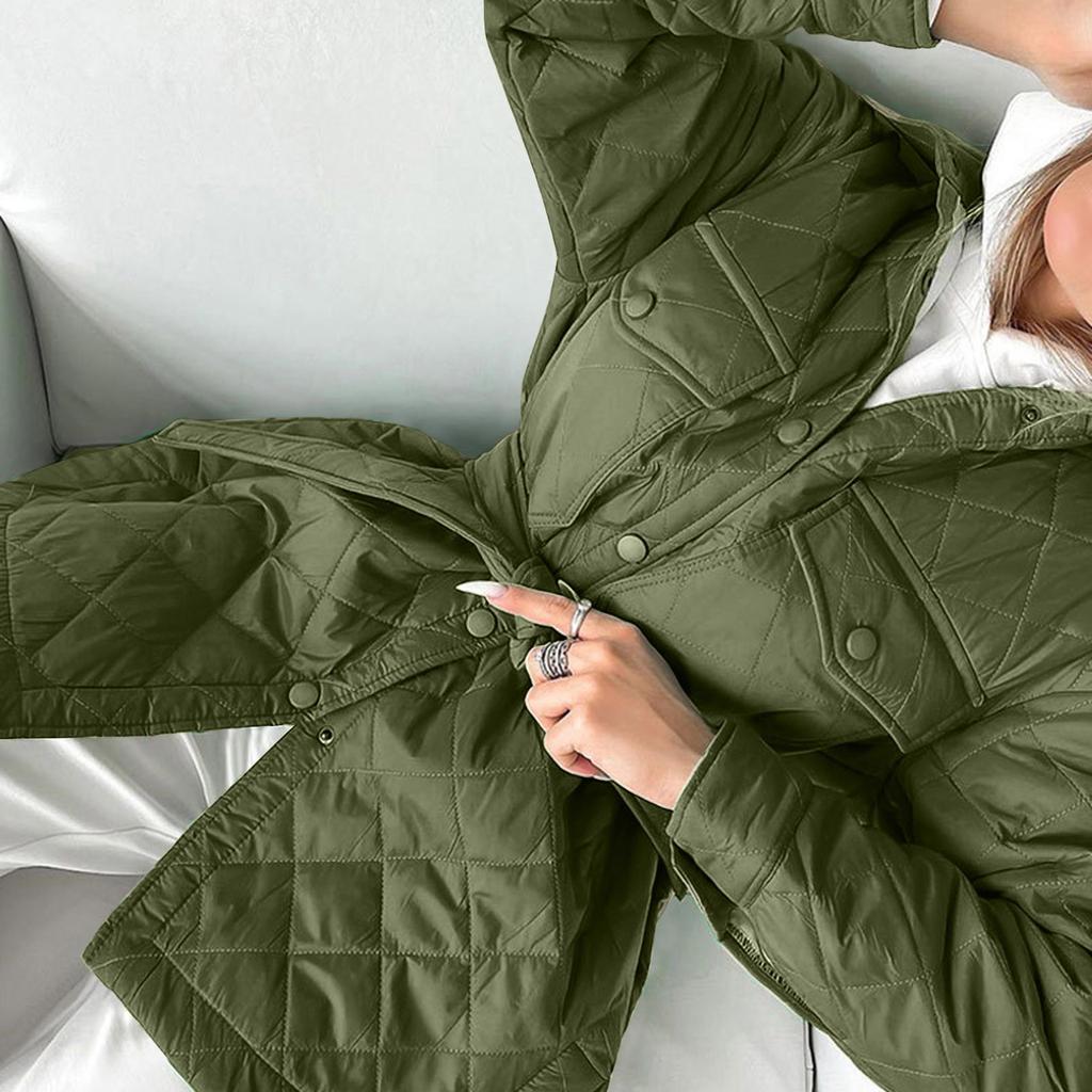 Women's Long Button-down Lapel Loose Warm Diamond-patterned All- Thickened Cotton Coat