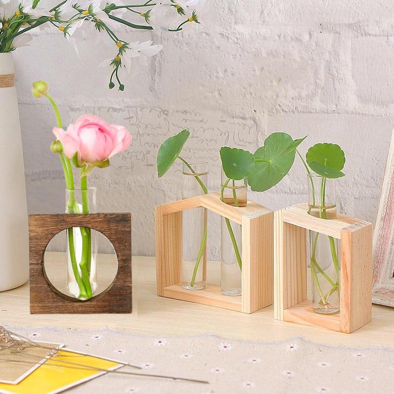 Hydroponic Plants Container with Wood Frame Transparent Glass Test Tube Vase Flower Pot Home Tabletop Bonsai Decorations Crafts