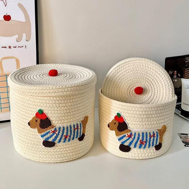 Cotton Rope Storage Basket With Lid Desk Living Room Kids Toys Remote Controllers Stationery Small Items Dog Shape Organizer
