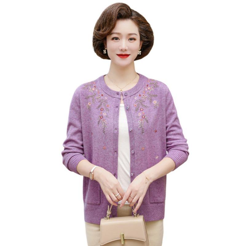 Winter Knitted Cardigan Old Lady Sweater Crew Neck Printing Loose Casual and Comfortable Women's Sweater Middle-aged Mother Autumn