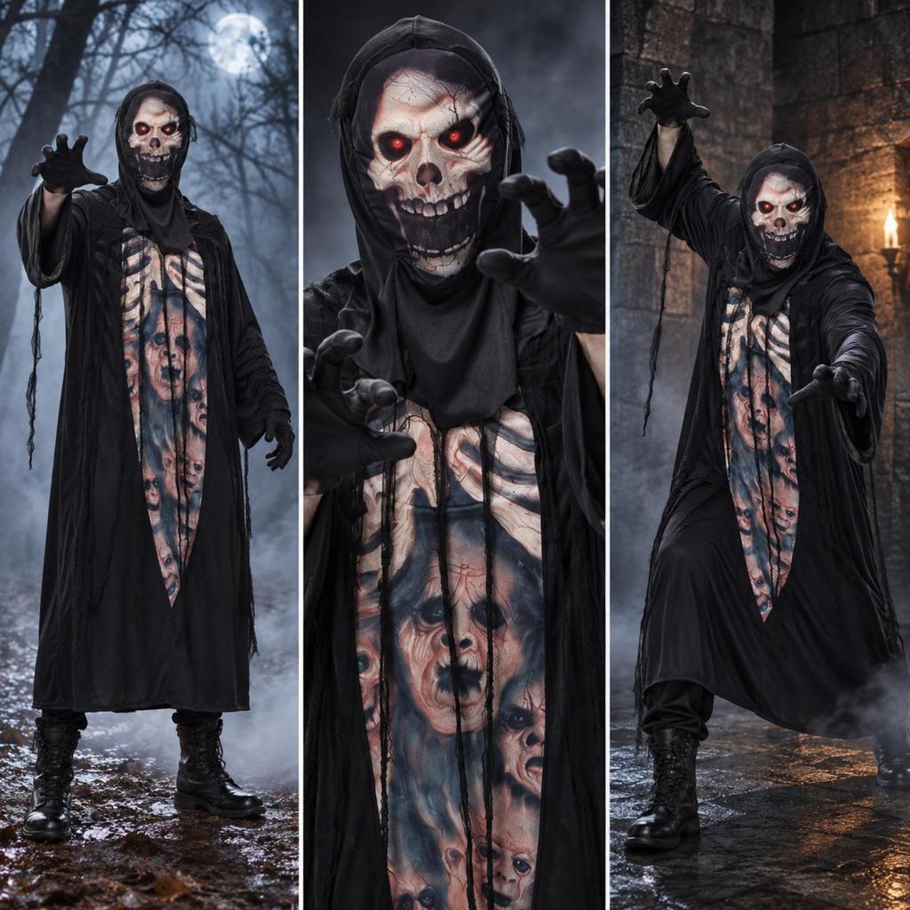 Tattered Skeleton Robe Costume Full-Length Skeletal Print Halloween