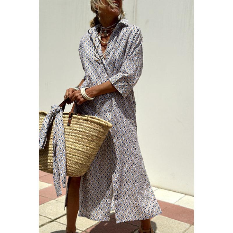 Европейское полосатое платье-рубашка с разрезом - Коллекция Лето 2026 Medium серый