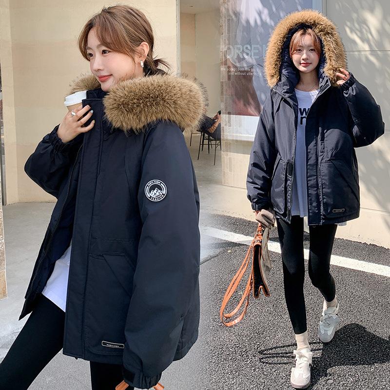 Damekåpe for høst og vinter Ensfarget Hette Pelskrage Kort Løs Fortykket Vindtett Fasjonabel Damejakke