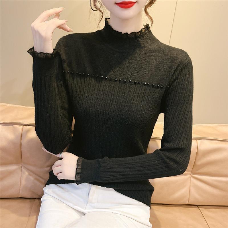 Autumn and Winter New Lace Inner Semi-turtleneck Sweater Women's Clothing Slim-fitting and Thin Versatile Warm Knitted Bottoming Shirt