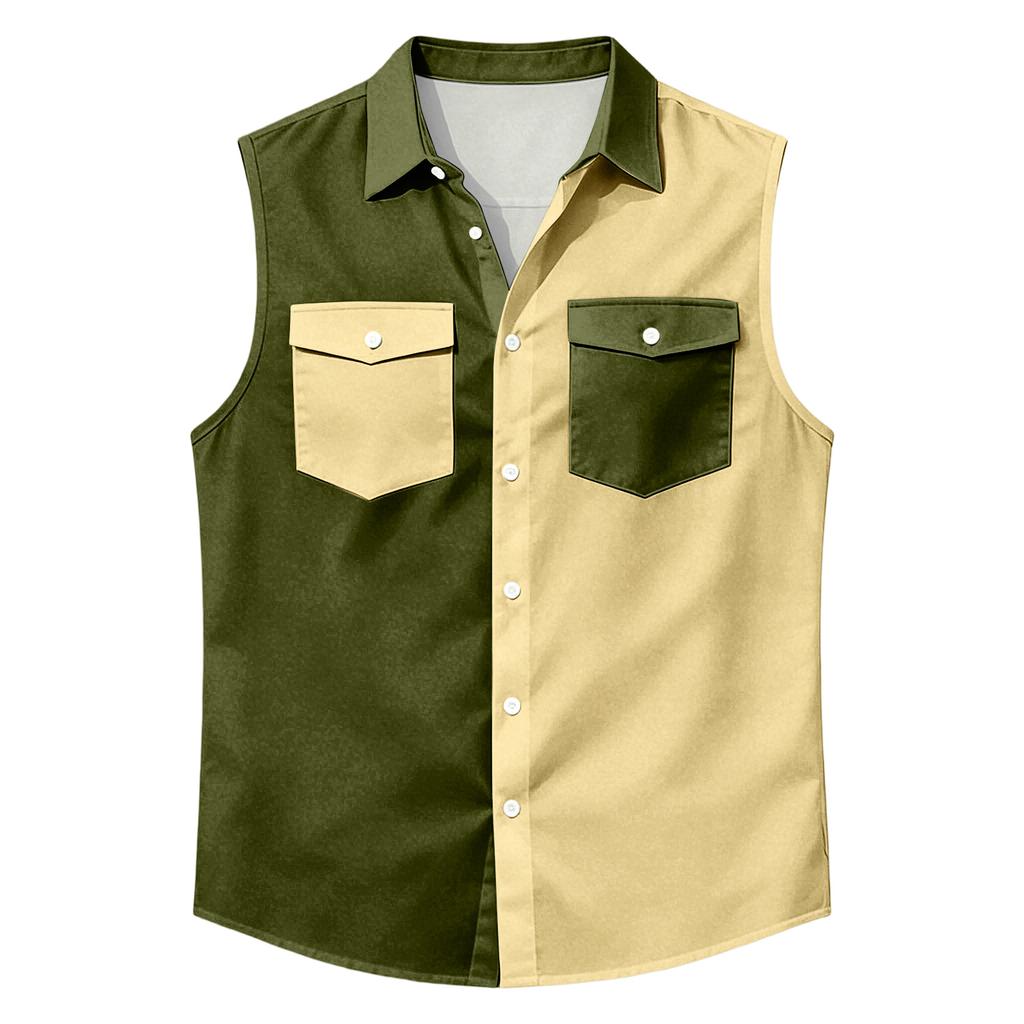 Men's Workwear Lapel Button-Down Vest Shirt - Lightweight Sleeveless Top