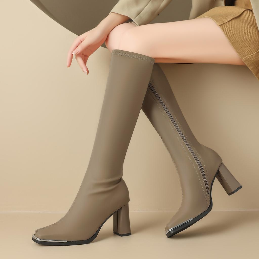 Pointed high-heeled boots women's 2025 new apricot suede elastic thin boots but knee thick-heeled high boots