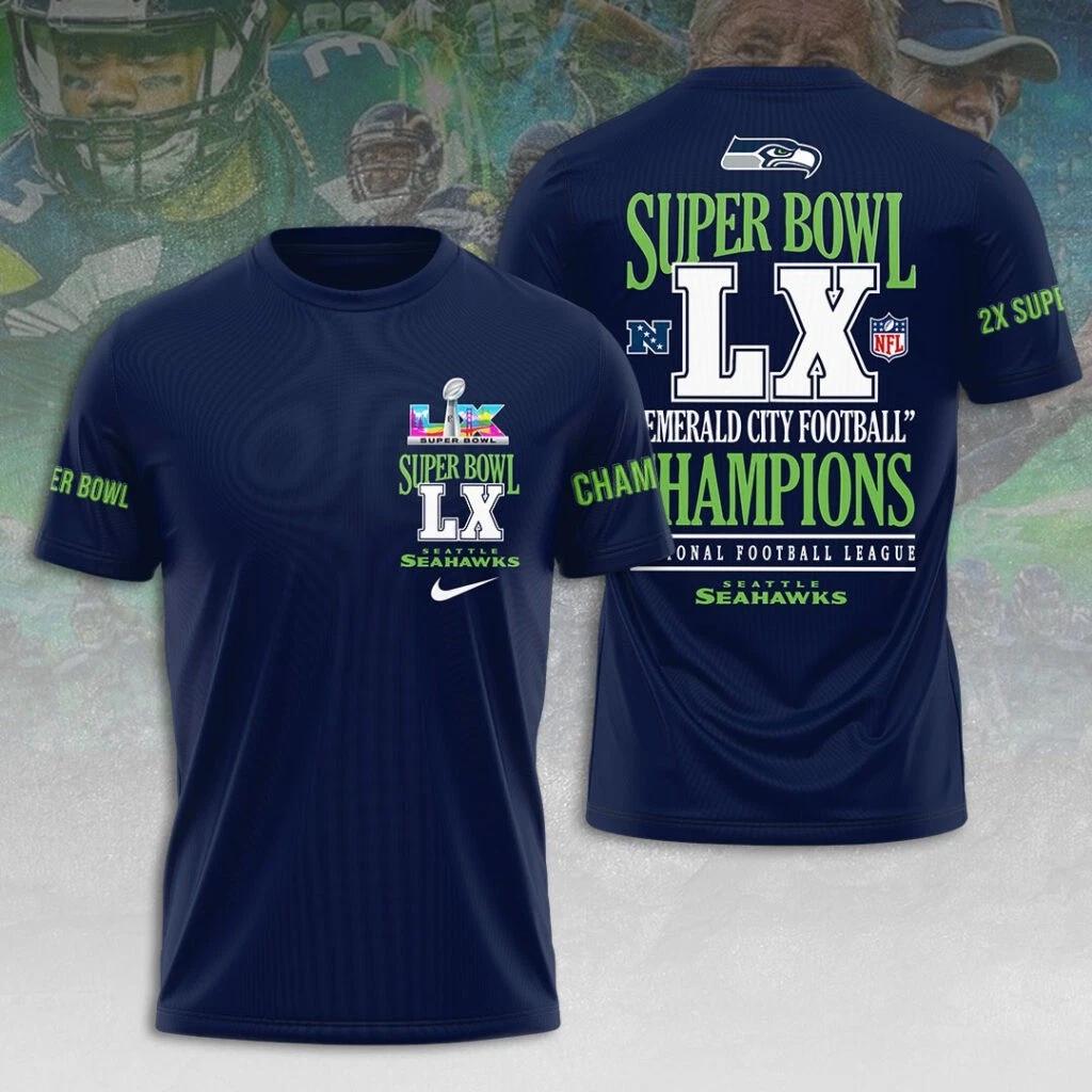 Seattle Seahawk 2025 Super 1Bowl LX Champions 3D Apparel Shirt S-5XL Style17 4XL