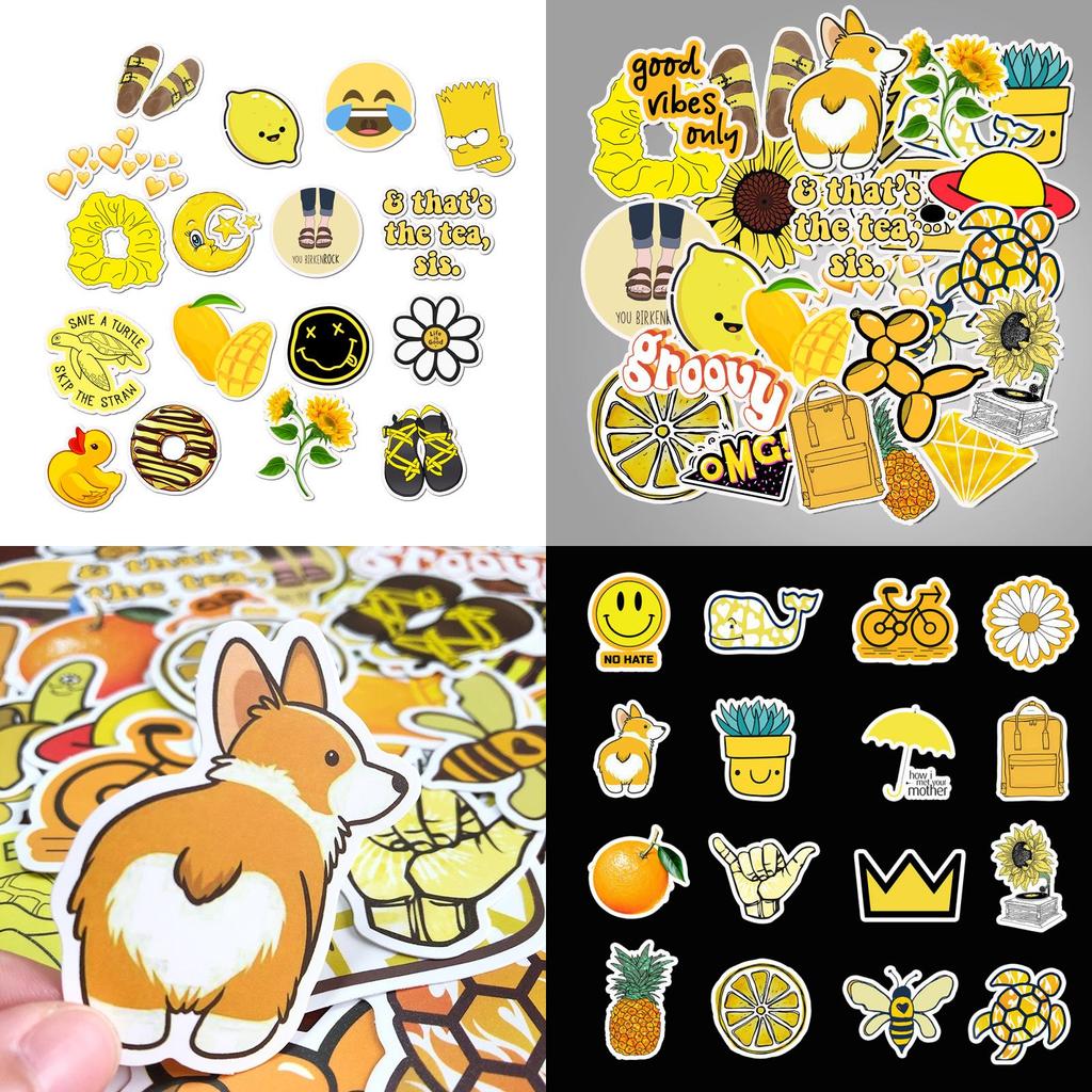 50 Pack Bright Yellow Waterproof Laptop Stickers With Cute Cartoon Designs For Travel