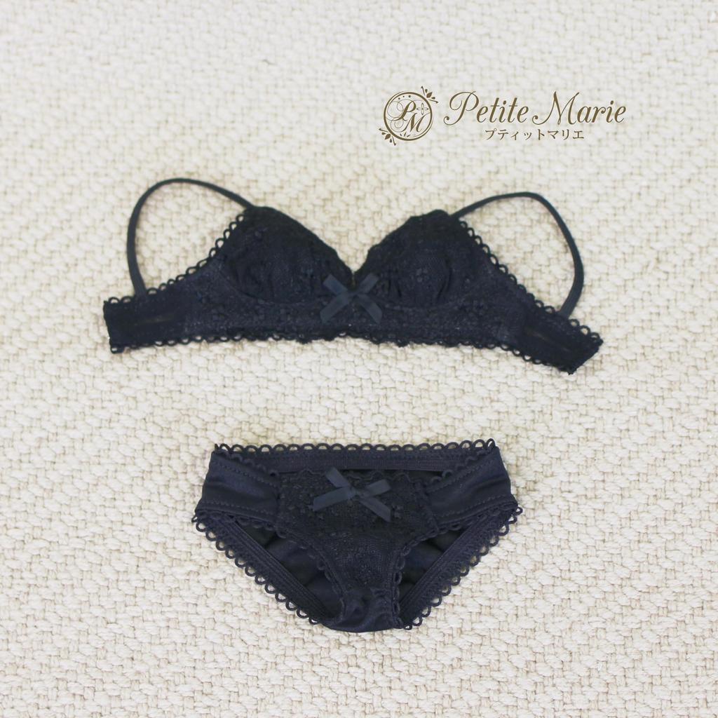 [Petite Marie] 13 DD DDS M Bust Compatible Lingerie Set: Bra and Panties Set, Black, Smooth Material, Floral Embroidery, Floral Lace, 60cm Doll, BJD
