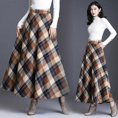 Plaid Wool A-line Midi Skirt for Women - High Waist, Thickened, Autumn/Winter