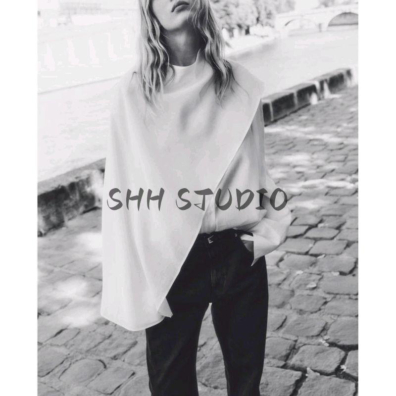 New Fall Women's Clothing French Style Design Asymmetrical Loose Swing Collar Long Sleeves Cloak Tops 1308246