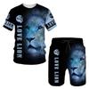 2 Piece Set Animal Mens Retro 3D Printed Leisure Summer Suit Round Neck T-shirt Fashionable Loose Sports Shirt Suit