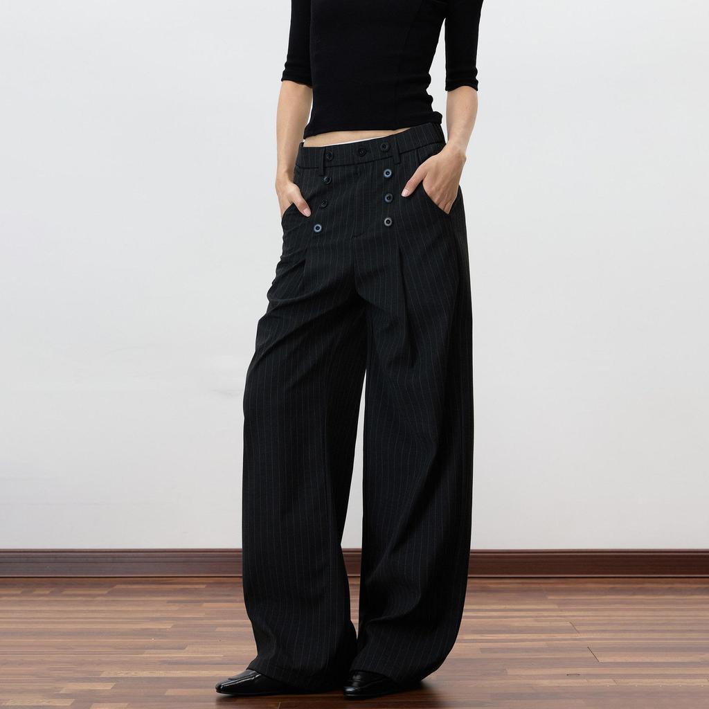 Vintage Striped Buttoned Straight-Leg Trousers for Men & Women - Retro, Loose Fit