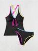 Color Block Ribbed Tank Top High Waist Two Piece Bikini Set Fashion Elegant Summer Wear