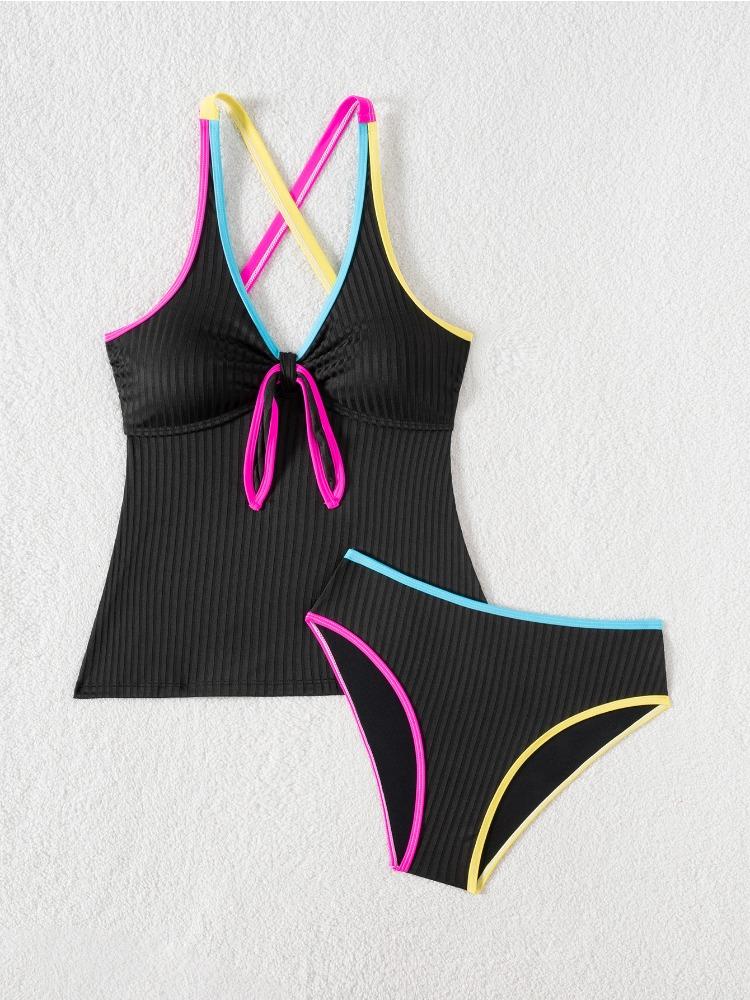 Color Block Ribbed Tank Top High Waist Two Piece Bikini Set Fashion Elegant Summer Wear