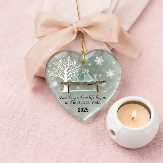 Yousheng Heart-Shaped Sea Glass Family Ornament Handmade Sea Glass Art Heart Ornament for Christmas Tree Home Decor
