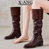 Cowhide Version Brown Over-the-knee Boots Children Wear Two Long Boots Pointed Thick Heel Thin Knight Boots Stack Boots High Boots