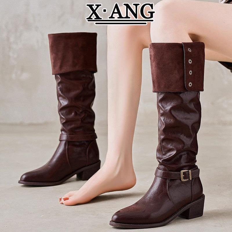 Cowhide Version Brown Over-the-knee Boots Children Wear Two Long Boots Pointed Thick Heel Thin Knight Boots Stack Boots High Boots