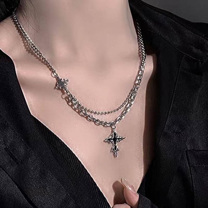 Black Cross Necklace Men's Trendy Hip Hop Neutral Style Niche Sweater Chain Sweater Accessories Women