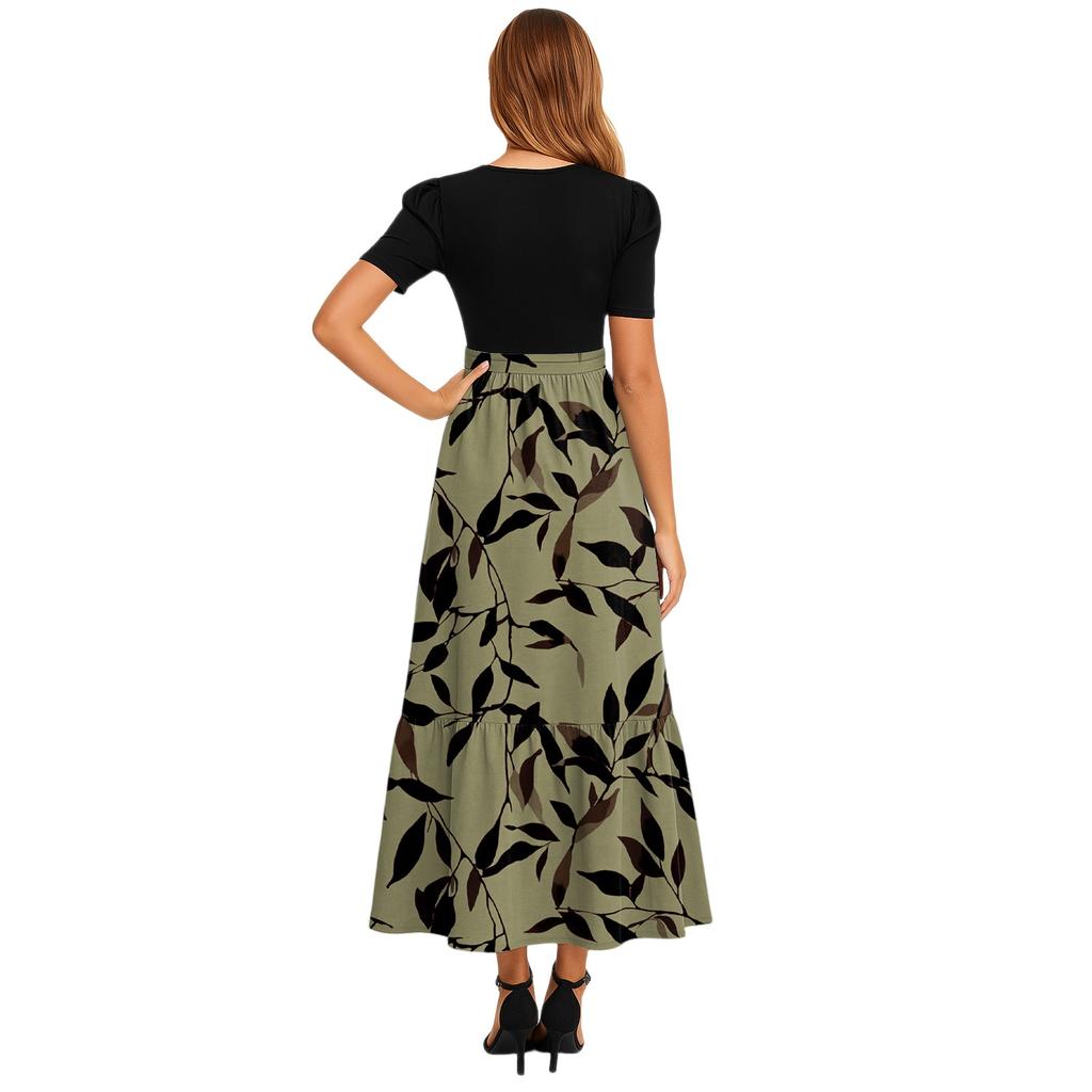 Women's Fashionable Casual Belt Short Sleeved Round Neck Print Elegant Temperament Dress