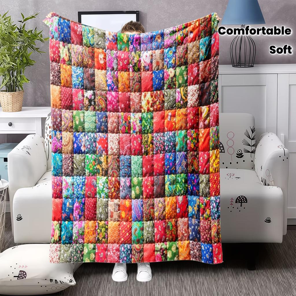 1 Stück Bequeme Flanell Exquisite Vintage Bunte Patchwork 2D Bedruckte Decke Heimdeko Hochauflösende Digitale Überwurfdecke