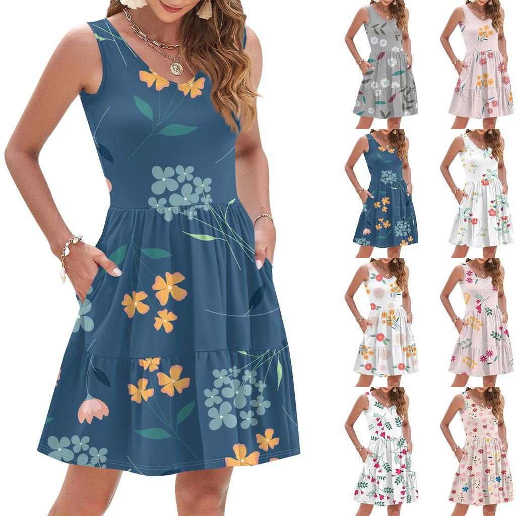 Women's Summer Fashion Casual V-neck Pleated Stitching Small Floral Print Sleeveless Vest Dress With Pockets
