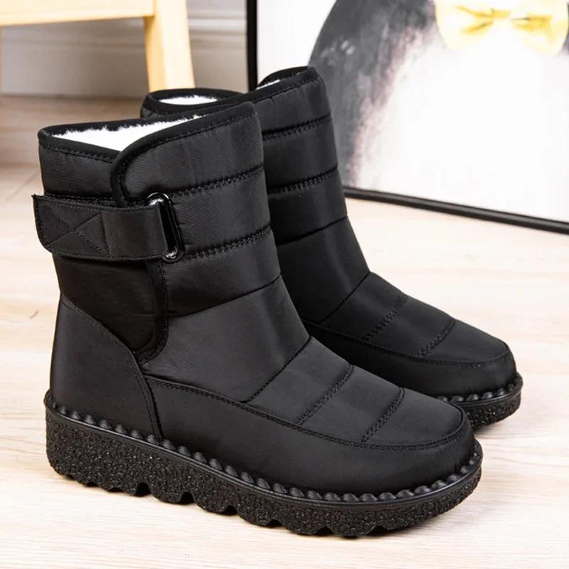 Fashion Snow Boots for Women's Thicken Plush Cotton Boots Winter Thick Platform Waterproof Warm Booties Hook Loop Plus Size Ladies Shoes